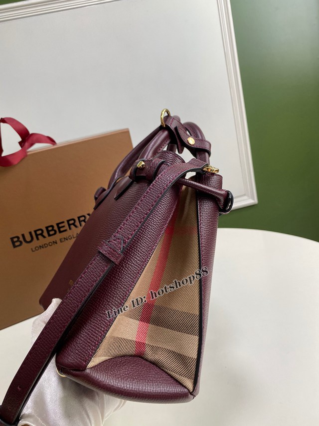 Burberry專櫃新款小號酒紅托特包 巴寶莉粒面小牛皮手提肩背女包 yxb1430